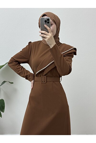 Modamorfo Brown Stone Detailed Crepe Belt Dress