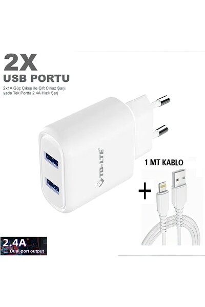 TMAX 5v 2.4A Çift USB Çıkışlı Şarj Cihazı + 1mt lightning Kablo. Uyumlu