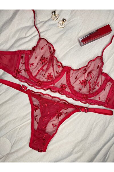 ROZENİN LINGERIE Christmas Gift Red Tiny Floral Underwire Cupless Tulle Bra Set (Bra Tanga)
