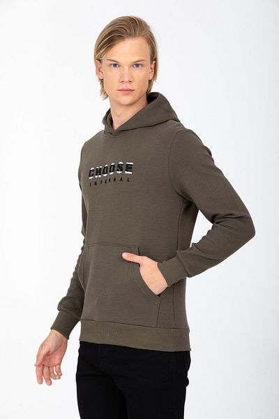 DYNAMO Men's Khaki Hooded Kangaroo Pocket Embroidery Detailed Regular/Normal Cut Cotton Sweatshirt 6800