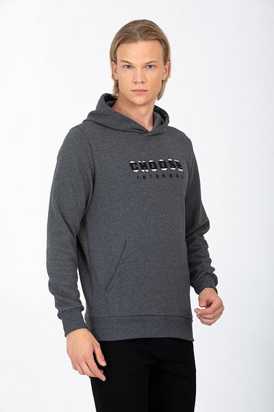 DYNAMO Men's Anthracite Hooded Kangaroo Pocket Embroidery Detailed Regular/Normal Cut Cotton Sweatshirt 6800