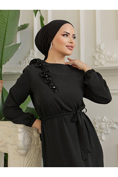 Modamorfo Βολάν Πέτρα Λεπτομερή Φόρεμα Ayrobin με Φούστα και Ζώνη - Μαύρο