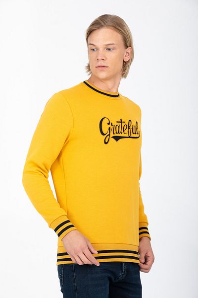DYNAMO Men's Mustard Cotton Sweatshirt with Crew Neck and Embroidery Detail and Ribbon Inside 6758