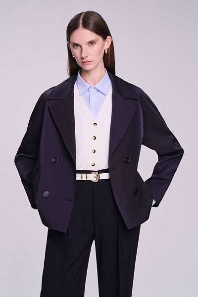 Hatemoğlu Saykı Woman Navy Blue Slim Fit Solid Mono Neck Cotton Trench Coat