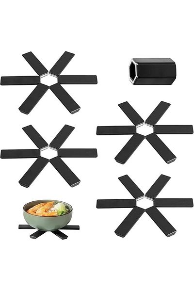 MAİN SHOP 4 Pieces Foldable Black Trivet Non-Slip Silicone Heat Resistant Pot Pan Mat M-021