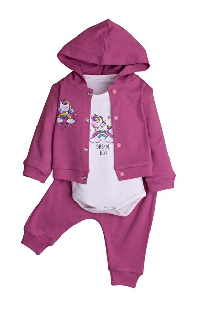 Chicsy Baby Kız Bebek Kapüşonlu Unicornlu  Pamuklu Zıbınlı Fitilli 3'lü Bebek...