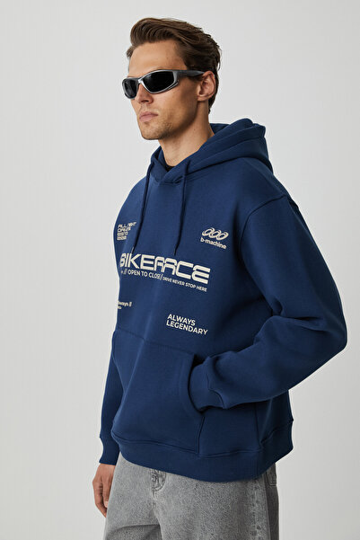 GRIMELANGE Чоловічий м'який світшот OKINAVA з капюшоном великого розміру темно-синього кольору