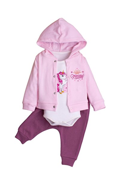 Chicsy Baby Kız Bebek Kapüşonlu Unicornlu  Pamuklu Zıbınlı Fitilli 3'lü Bebek...