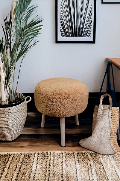 YAPKAR Gürgen Naturel Ahşap Ayak Kahverengi Teddy Kumaş Pofidik Puf