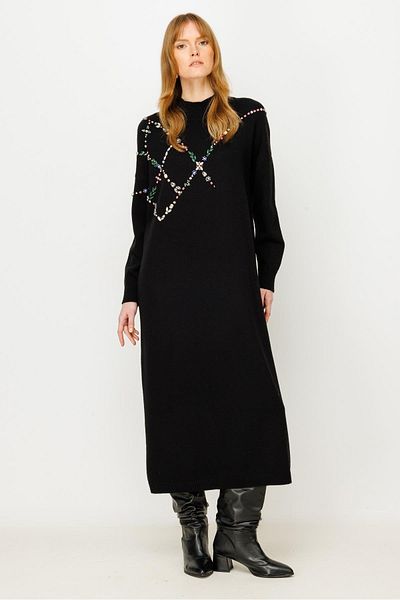 Ghisa Stone Embroidery Detailed Knitwear Dress Black