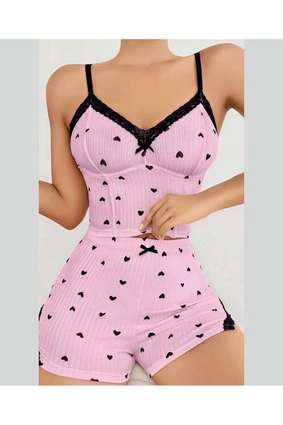 İntive Lingerie Lily Bianca Pink Heart Print 100% Cotton Bustier and Shorts Set - Sleepwear-13006