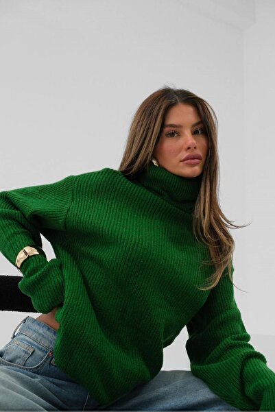 bayansepeti Green Oversize Knitwear Turtleneck Sweater Tunic - 24W16023