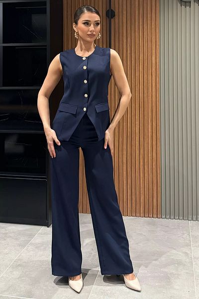 GÜLSELİ Navy Blue Button Detailed Vest Trousers Double Set