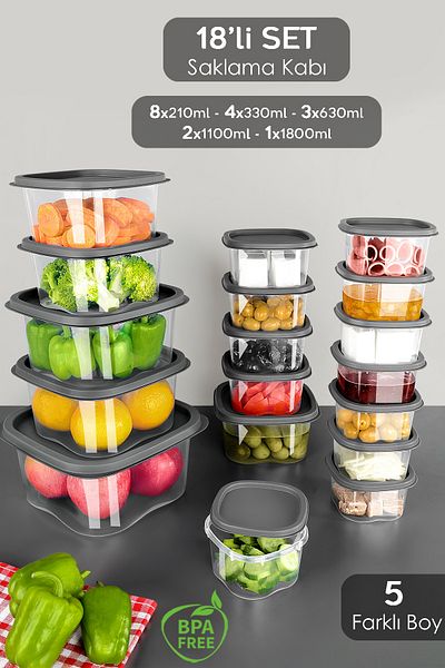 Meleni Home 18-Piece Anthracite Square Food Storage Set - Fridge and Microwave Freeze Container