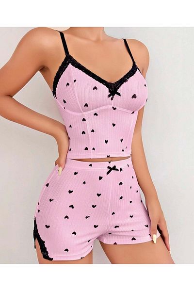 İntive Lingerie Lily Bianca Pink Heart Print 100% Cotton Bustier and Shorts Set - Sleepwear-13006