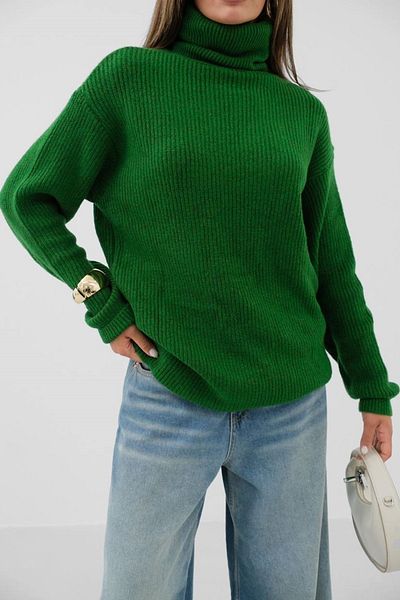 bayansepeti Green Oversize Knitwear Turtleneck Sweater Tunic - 24W16023