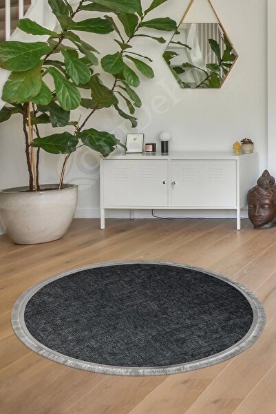 Dijidekor Halı Antrasit Cool K1290 Saçaklı Yuvarlak Kesme Ince Yolluk Kilim S...