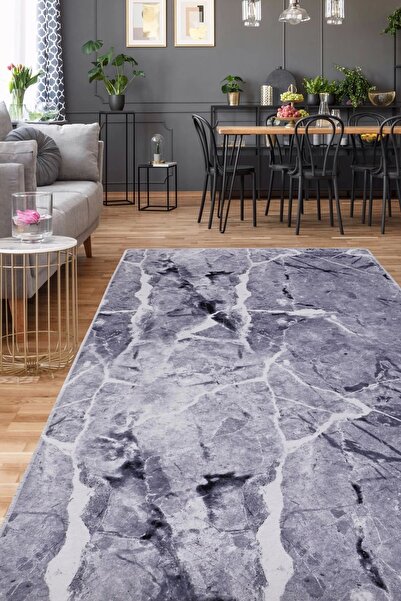 Dijidekor Halı Gri Granit Yıkanabilir Saçaksız Kesme Ince Yolluk Kilim Salon ...