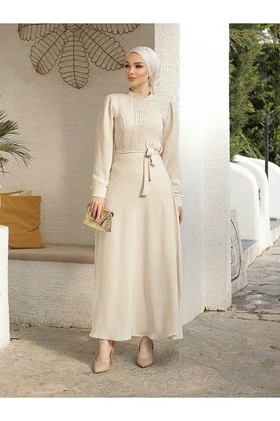 Modamorfo Sukienka Çıma Detailed Belted Ayrobin - Cream