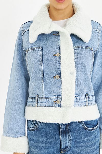 comstar Palton albastru din denim cu guler de blană și mâneci