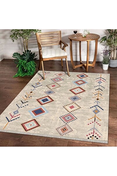 Dijidekor Halı Çok Renkli Iskandinav Saçaklı Kaymaz Kesme Ince Yolluk Kilim S...
