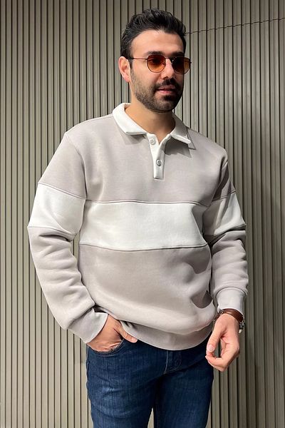 MİSHAR İTALİA Γκρι ανδρικό φούτερ με γιακά πόλο με λεπτομέρεια με τρεις κλωστές