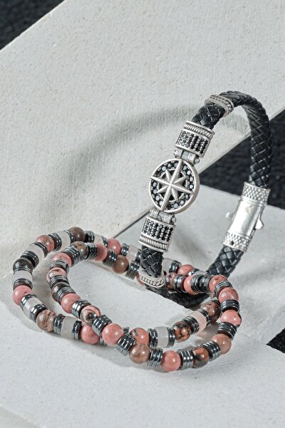 Ssilhoutte Doğaltaş Energy & Balance Combination Bracelet - Rhodonite, Pink Quartz & Hematite - Genuine Leather & Brass Finish