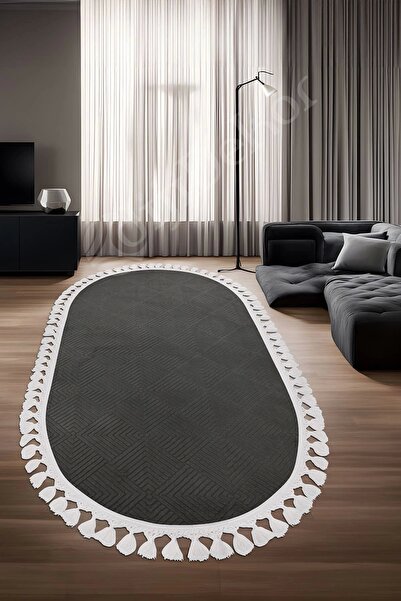 Dijidekor Avangard Oval Halı Pramit Antrasit Salon Koridor Antre Mutfak Halıs...