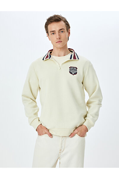 Koton Nyomtatott pamutkeverék gallérral részletesen emelt félcipzáras pulóver