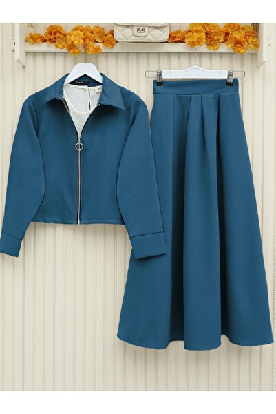 Modamorfo Zippered Pleated Skirt Set - Petrol