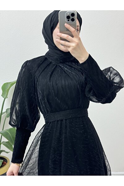 Modamorfo Judge Neck Balloon Sleeve Glitter Evening Dress -Black