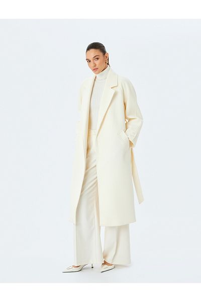 Koton Double Breasted Long Stamp Coat with Pockets and Belt