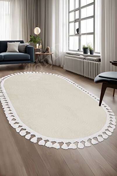 Dijidekor Avangard Oval Halı Sahra Krem Salon Koridor Antre Mutfak Halısı Sil...