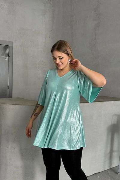 Stil Diva Plus Size V Neck Short Sleeve Shiny Look Blouse 303379