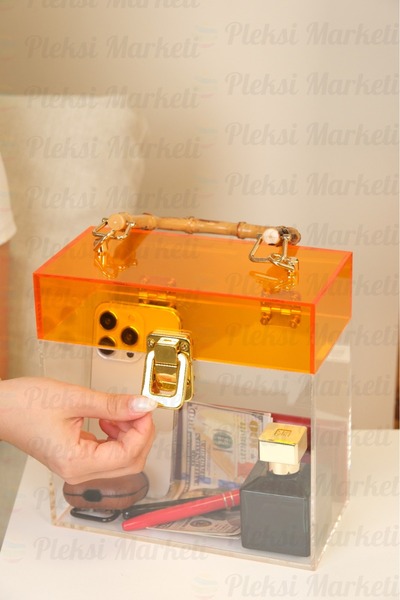 Pleksi Marketi Geantă de lux din plexiglas transparent - mâner din bambus și ...