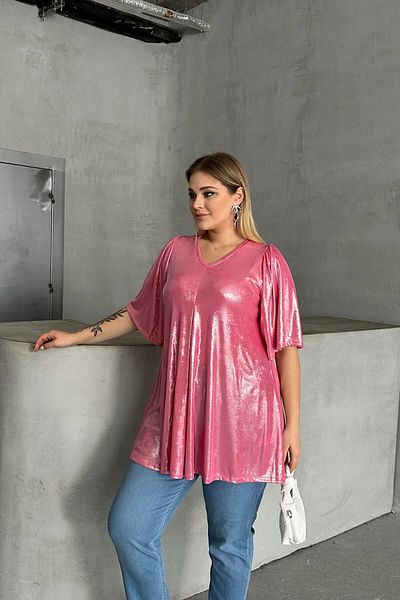 Stil Diva Plus Size V Neck Short Sleeve Shiny Look Blouse 303380