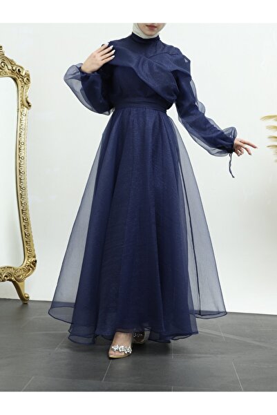 Modamorfo Βραδινό φόρεμα από τούλι Lurex με κορδόνι στο μανίκι - navy