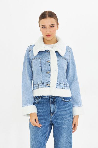 comstar Palton albastru din denim cu guler de blană și mâneci