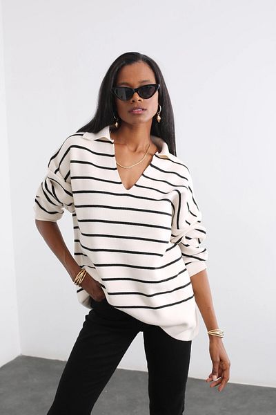 hazelin Polo Neck Ecru Black Striped Knitwear Women's Sweater - Hzl25W-Bd 1100841