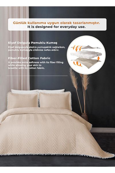 Evlen Home Collection Ollie Beige 100% Cotton Double Bedspread - Pique Set with Pompom Quilted Stripes