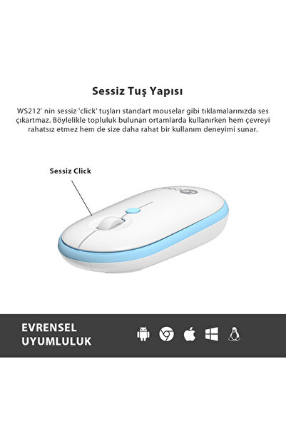 Lecoo WS212 Kablosuz 1600DPI 4 Tuşlu USB Mini Alıcı ile Optik Mouse Beyaz & Mavi