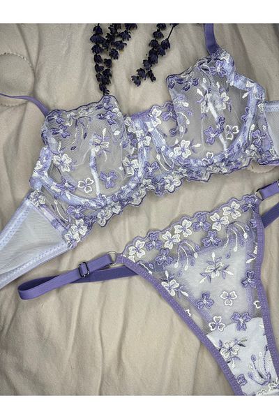 ROZENİN LINGERIE Set sutien din tul fără cupă cu sârmă, alb liliac (SUTIEN TANGA)