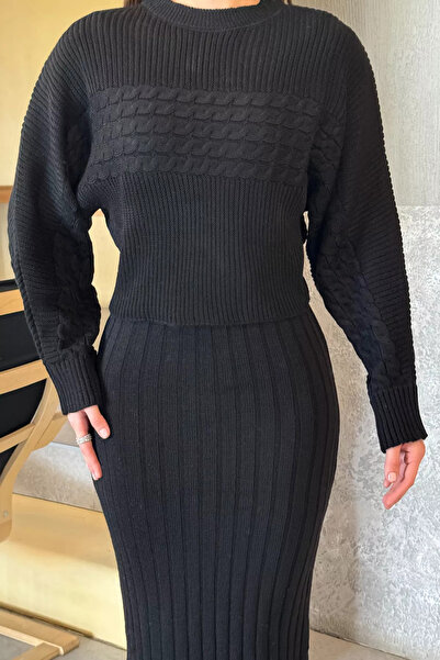 GÜLSELİ Black Women's Double Knitwear Set with Blouse Dress Combination