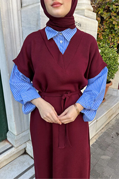 Oven Poplin Detaylı Triko Elbise - Bordo