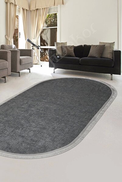 Dijidekor Halı Antrasit Cool K1290 Saçaklı Oval Kesme Ince Yolluk Kilim Salon...