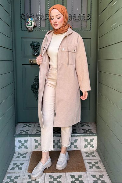 Oven Μπεζ Χρώμα Παλτό Oversize με φερμουάρ
