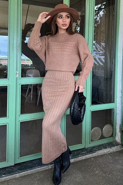 GÜLSELİ Biscuit Women's Double Knitwear Set with Blouse Dress Combination