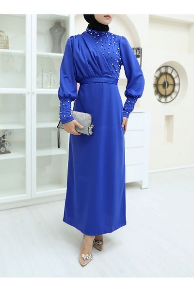 Modamorfo Saks Blue - Διπλό φόρεμα κρεπ με μαργαριταρένια λεπτομέρεια