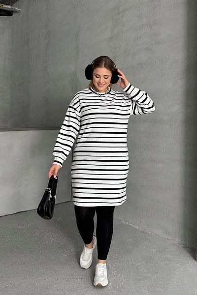 Stil Diva Plus Size Crew Neck Long Sleeve Ankle Elastic Stripe Dress 303062