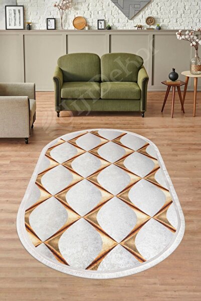 Dijidekor Halı Gold Cool Ky7059 Saçaklı Oval Kaymaz Kesme Ince Yolluk Kilim S...